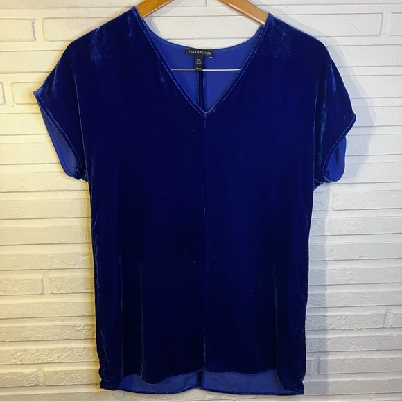 Eileen Fisher Blue Velvet Silk Blend V-Neck Top, Women’s Size Extra Small - Picture 2 of 6